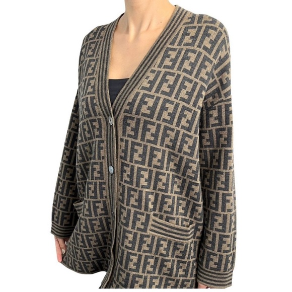 SOLD! FENDI Vintage Wool Zucca Monogram Logo Cardigan Brown - Picture 2 of 9